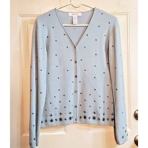 Vtg Jones & Co Lambswool & Angora Beaded Snowflake Cardigan Sz L Sweater Y2K